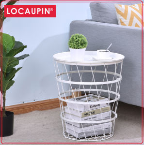 Locaupin Easy Assemble Modern Snack Coffee Side Table Wire Metal Multifunctional Storage Basket Shelf Lifting Top Plate