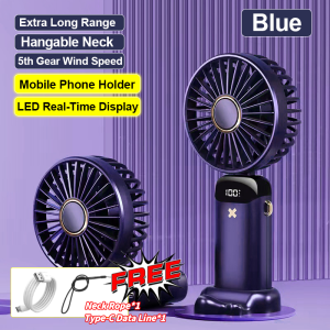 【In Stock】Multifunctional Foldable Handheld Fan Portable Mini Electric Fan USB Rechargeable Strong Wind No Noise Smart Digital Display 5 Wind Speeds