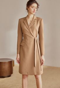 Đầm kem nâu đấp chéo cổ vest tay dài cột eo hông