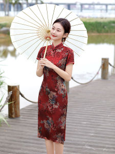 Ready Stock 新年旗袍 CNY Vintage Fashionable Faux Silk Red Midi Cheongsam 1050-28 復古時尚絲綢紅色中長旗袍