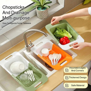 Color Block Double Layer Kitchen Storage Basket Scalable Fruit Vegetable Washing Basket Hanging Drainer Rack Kitchen Accessories
