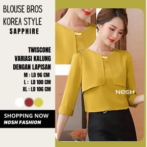 Blus Wanita Korea Lengan 3/4 wanita Gaya Korea variasi kalung Saffhire