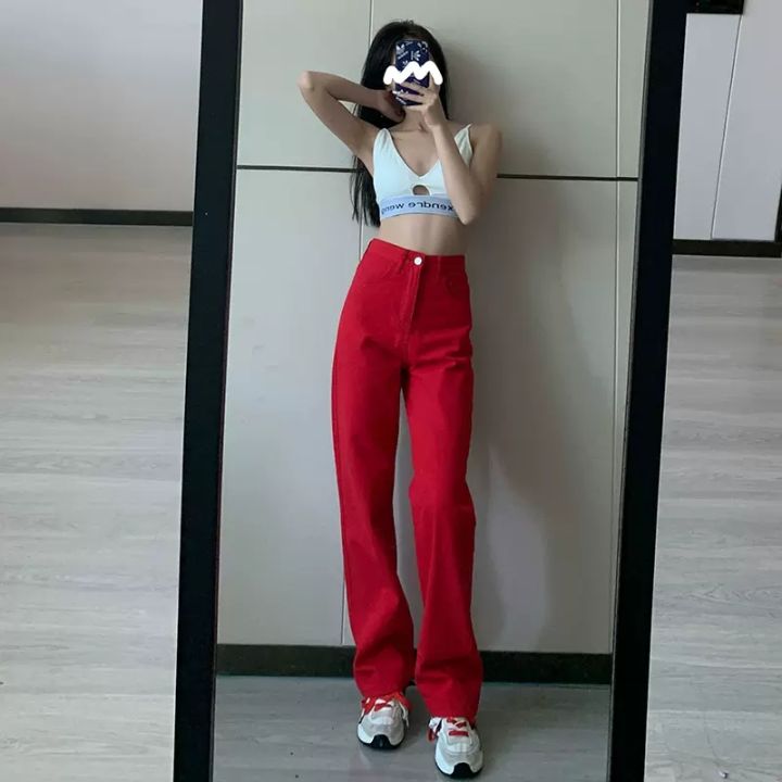 Korean Red High Waist Jeans Women Loose Trendy Wide Leg Pants for Women