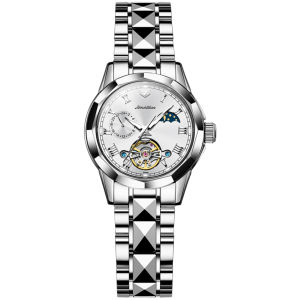JSDUN 8937 Mechanical Women Fashion Watch Gift Round-dial Stainless Steel Watchband Wristwatch Moon Phase Week Display Calendar