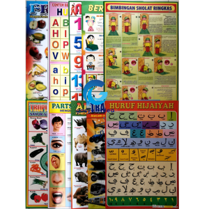 Paket 10 Poster Belajar Anak Edukasi Huruf Abjad Angka Binatang Hijaiyah Transportasi Bentuk