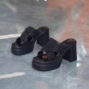 Thick-soled High-heeled Slippers Womens New Square Toe Open-toe Block Heel Rhinestone Wear Temperament Versatile Flip-flo