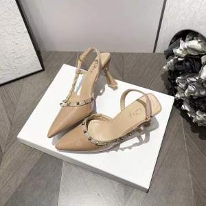 DS STYLE SHOES 7988-1 Womens Heels Pumps Pointed Toe Studded Strappy High Heels in Brown Beige Black and Apricot