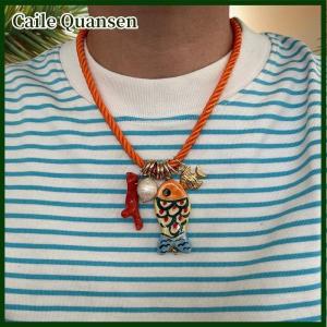 Caile แฟชั่นทำด้วยมือเชือกหนาๆหลายสีเซรามิกปลาดาวปลาหมึกสร้อยคอจี้ปลาเปลือกหอย Y2K เครื่องประดับฤดูร้อน