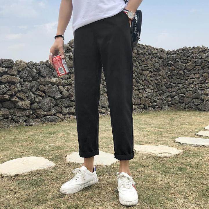 Casual Long Pants For Men Korean Style Cotton Slim Fit Elasticated  Drawstring Trousers Men's Summer High Quality Classic Clothes Straight Cut  Long Pant