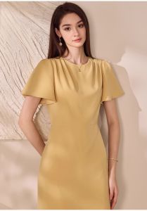 Đầm Công Sở Tay Bồng Thanh Lịch Màu Vàng Kem