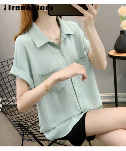 IRENASTORY Loose chiffon shirt womens large size top summer thin shirt short sleeves
