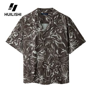 HUILISHI Oversized Hawaiian style drape silky casual loose mens short-sleeved floral shirt