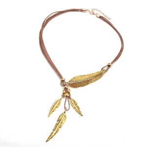 JKDESIGN Đá rhinestone Dây chuyền lông vũ vàng Hợp kim Bạc dây chuyền lá Tính cách Sang trọng Dây chuyền tua rua bằng da Đàn ông