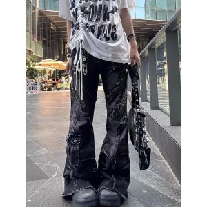 Womens Y2k Baggy Flare Jeans Harajuku Japanese 2000s Style Patchwork Denim Trouser Vintage Oversize Cargo Jeans Pants Clothes2026