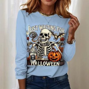 Halloween Women 3D Printed long sleeves T T-shirt with a pumpkin and skull pattern retro and fashionable round neckline regular fit