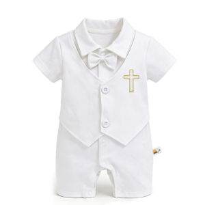 Baptismal Clothes for Boy 6 12 Months Formal Polo Bodysuit Fake Vest Baby Boy Outfit Christening Outfit for Baby Boy Wedding Birthday Party Tuxedo Formal Attire