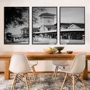 Tranh treo tường sài gòn trắng đen chợ bến thành xưa có khung trang trí decor kèm đinh