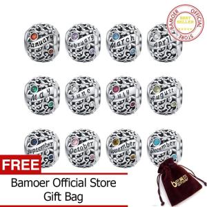 Bamoer 925 Sterling Silver Month Birthday Stone Round Beads fit Women Charm Bracelet Bangle DIY Jewlry Making SCC1385