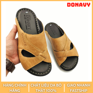 Dép nam quai ngang da bò thật 100% DONAVYSUVY kiểu sabo thời thượng đế cao su đi êm chân D.SUVY