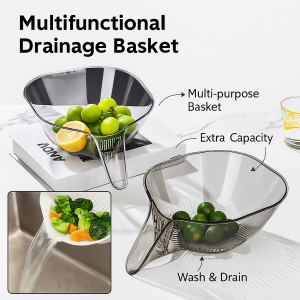 Kitchen Multifunctional Drainage Basket Drain Bowl Household Sink Vegetable Basin Fruit Plate Salad Rice Washing Basket Creative Plastic Draining Bowl