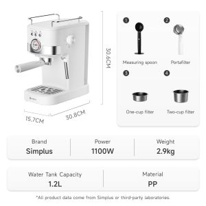 Simplus Espresso Coffee Maker Coffee Machine 15 Bar High Pressure Dual Cup Extraction 1.2L Water Tank Auto Power-off Protection Extraction Cup Warming Function Brewing-TasteBrew