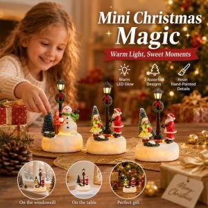 Resin Christmas Tabletop Ornament with Warm LED Lamp Winter Street Scene Xmas Home Decor Gift
