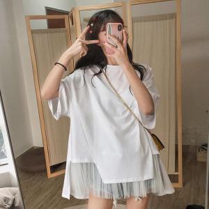 Maternity Dress Plus Size Korean Paneled Mesh Loose Solid Short Sleeve T-Shirt Pregnant Women Dress Personality Casual Pregnant Dress