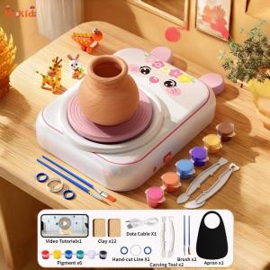 [SG Seller]Cute Rabbit Kids Pottery Wheel Kit DIY Ceramic Art Craft Set with Clay Paint Tools for Boys Girls