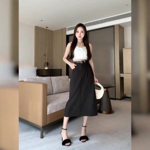 Ammin phong cách Hàn Quốc bộ đồ Chân váy nữ 2024 Xuân/Mùa Hè cạp cao r Váy Thắt lưng Thắt lưng thẳng thường ngày A-line Váy trung dài