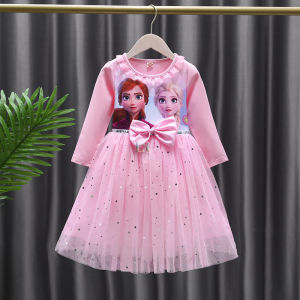 LNR Shop Gaun Musim Gugur Anak-anak untuk Anak Perempuan Motif Frozen Elsa Lengan Panjang Dengan Rok Tutu Gaun Putri Carttom Frozen Elsa Gaun Pesta Pakaian Anak-Anak Gaun Summer