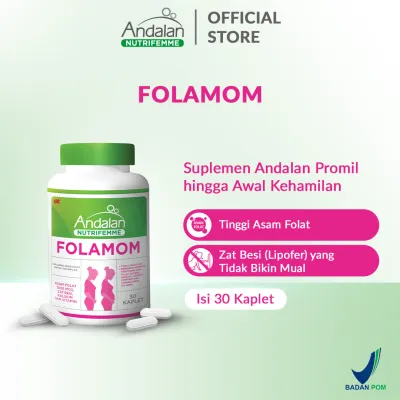 Andalan Nutrifemme Folamom Botol Isi 30 Kaplet - Suplemen Promil dan Ibu Hamil Trimester 1 & 2 Tidak Bikin Mual BPOM