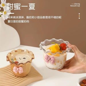 Cốc Thủy Tinh Viền Sóng Kèm Thìa Gấu và Nơ Gắn Xinh Xắn Dung Tích 450ml