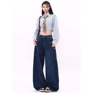 PREIE SIMPLE Dark Blue Vintage Retro Style Oversized Pocket Utility Jeans for Men and Women Loose Fit Distressed Denim Wide-Leg