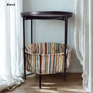 LOCAUPIN Elegant Round Bedside Table with Storage Shelf and Striped Basket Modern Style Furniture