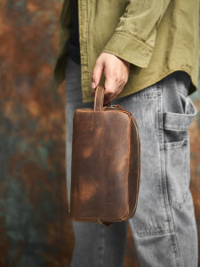 Retro European Cosmetic Bag Genuine Cowhide Cosmetic Bag Multifunctional Leather Handbag Crazy Horse Leather Toiletries Storage Bag NASVA