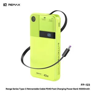 REMAX FP-123 10000mAh PD40W Super Fast Charging Power bank with Retractable Type-C Cable Digital Display Powerbank