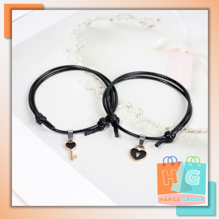 Harga Grosir - (2PCS) Gelang Kunci Love Couple / Gelang Couple Liontin Gembok Love Kunci Tali Korea / Gelang Pasangan