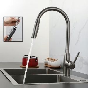 SXH Guangdong gunmetal gray pull-down kitchen faucet with hot and cold water and splash guard All-copper kitchen sink with extendable faucet
