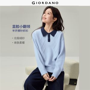 Giordano Beau Monde Women Cable knit half button collar sweater Free Shipping 13356635