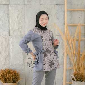 [BISA COD] Baju Batik Wanita Modern 2021 - Batik Wanita Kombinasi Moscrepe Navy Atasan Kerja - Blouse Batik Wanita Modern - Batik Wanita Atasan Lengan Panjang