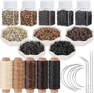Yuxung 2500 Pcs Hair Extensions Micro Rings s Beads and 5 Rolls Extensions Sewing Thread and 10 Pieces C/J/I Needles Kit for Human Hair Hand Sewing Wig DIY Craft