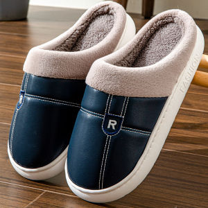New Artificial PU Leather Cotton Slippers Waterproof And Warm Indoor Thick-Soled Home Couple Slippers For Autumn And Winter