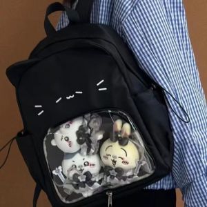 DVFDA Y2k กระเป๋า ITA แมวน่ารัก สีดำสีดำ ฮาราจูกุ กระเป๋าเป้นักเรียน แฟชั่นสำหรับผู้หญิง ป้ายแสดงตุ๊กตา ถุงใส itabag สำหรับผู้หญิง