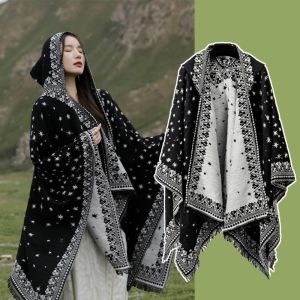 OUREAL Warm Hooded Shawl Windproof Ethnic Style Large Cloak Tassel Cloak Shawl Outdoor