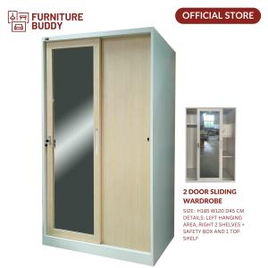 Furniture Buddy Steel Wardrobe 2 sliding door comes with lock & key with shelves and hanger Rod- Wooden Design Sonoma