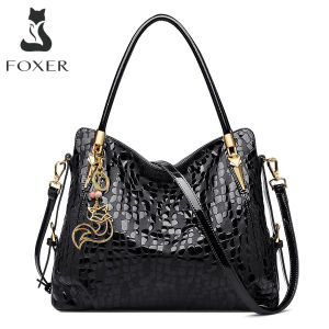 FOXER Brand Women Genuine Leather Shoulder Bag Sequin Fashion Handbag Lady Commute Large Capacity Purse Female Tote for Work