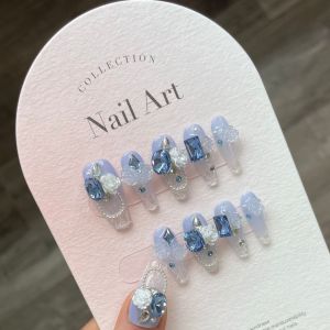 [HANDMADE]Artificial Nail Advanced Sea Blue Ice Glass Phototpy Nails Reusable and Removable Nails