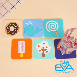 Set 6 Miếng Lót Ly Silicon Vuông Hoạ Tiết Cartoon Cute Cách Nhiệt Chống Trượt Sang Trọng