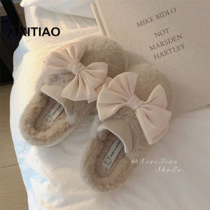 XIXITIAO Cute Bow Plush Warm Postpartum Confinement Shoes Interior Home Poop Feeling Winter Closed Toe Cotton Slippers Female