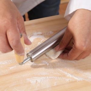 HJKL Non-Stick Stainless Steel One-handed Rolling Pin Smooth Surface 360 Degree Rotating Dough Sheeter Convenient Labor-saving Dough Roller Bakery